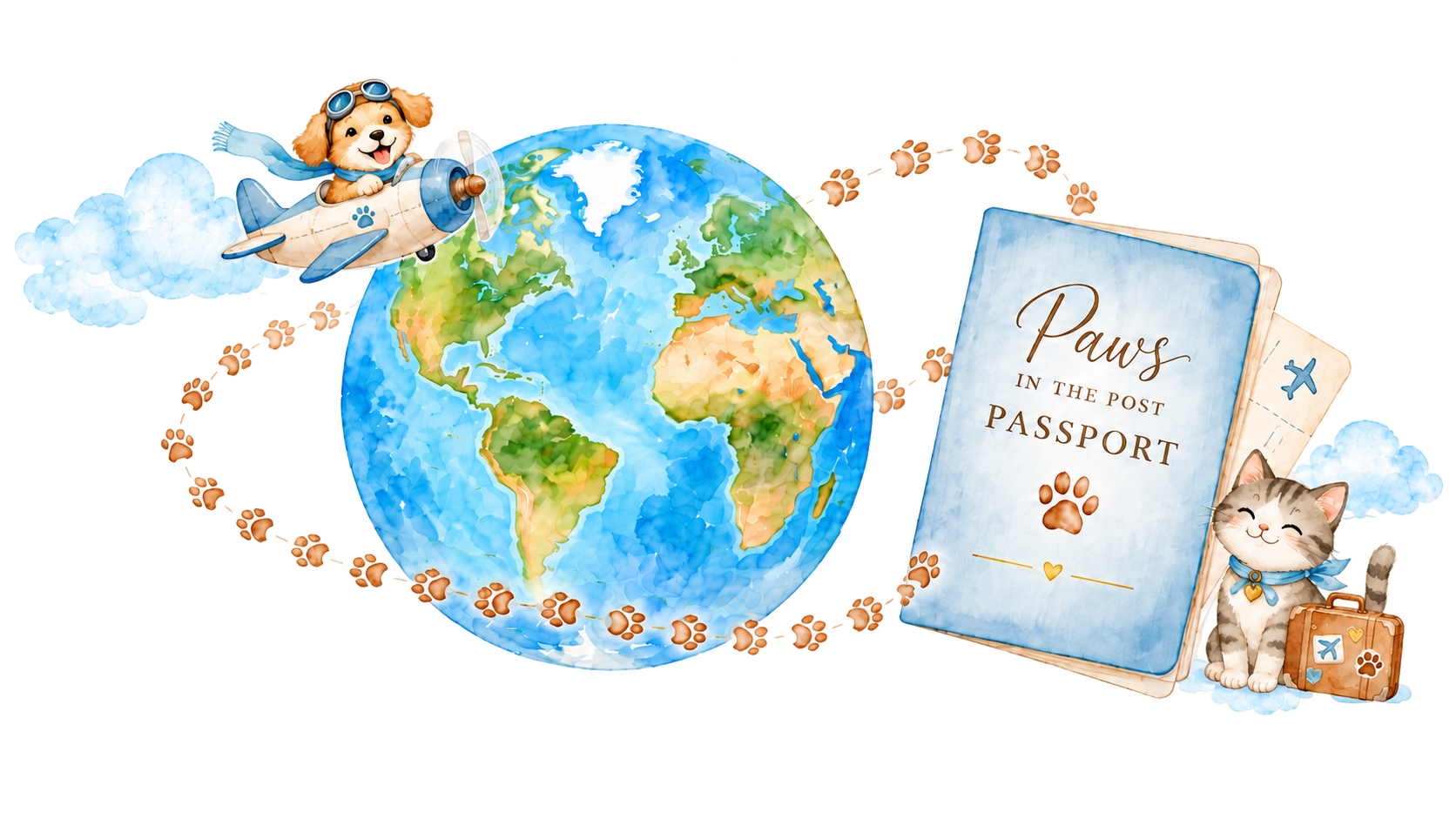 Watercolor globe with paw trails, a dog flying an airplane, a Paws in the Post passport, and a cat beside a suitcase